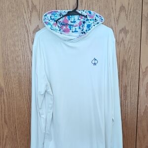 Stylish White Hoodie with Colorful Patterned Hood